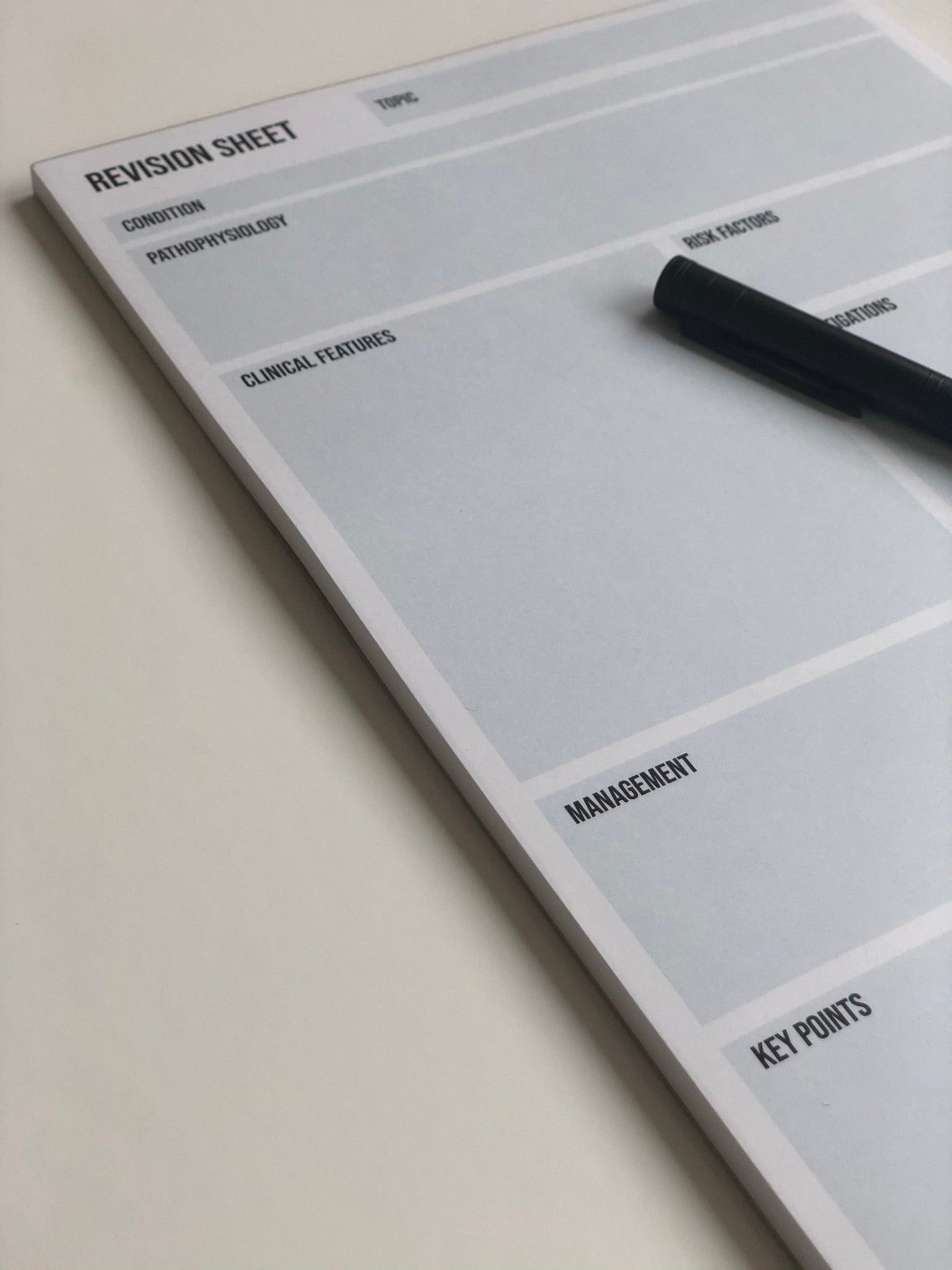 Revision sheet with columns for condition, pathophysiology, clinical features, risk factors, management, and key points on a light background.