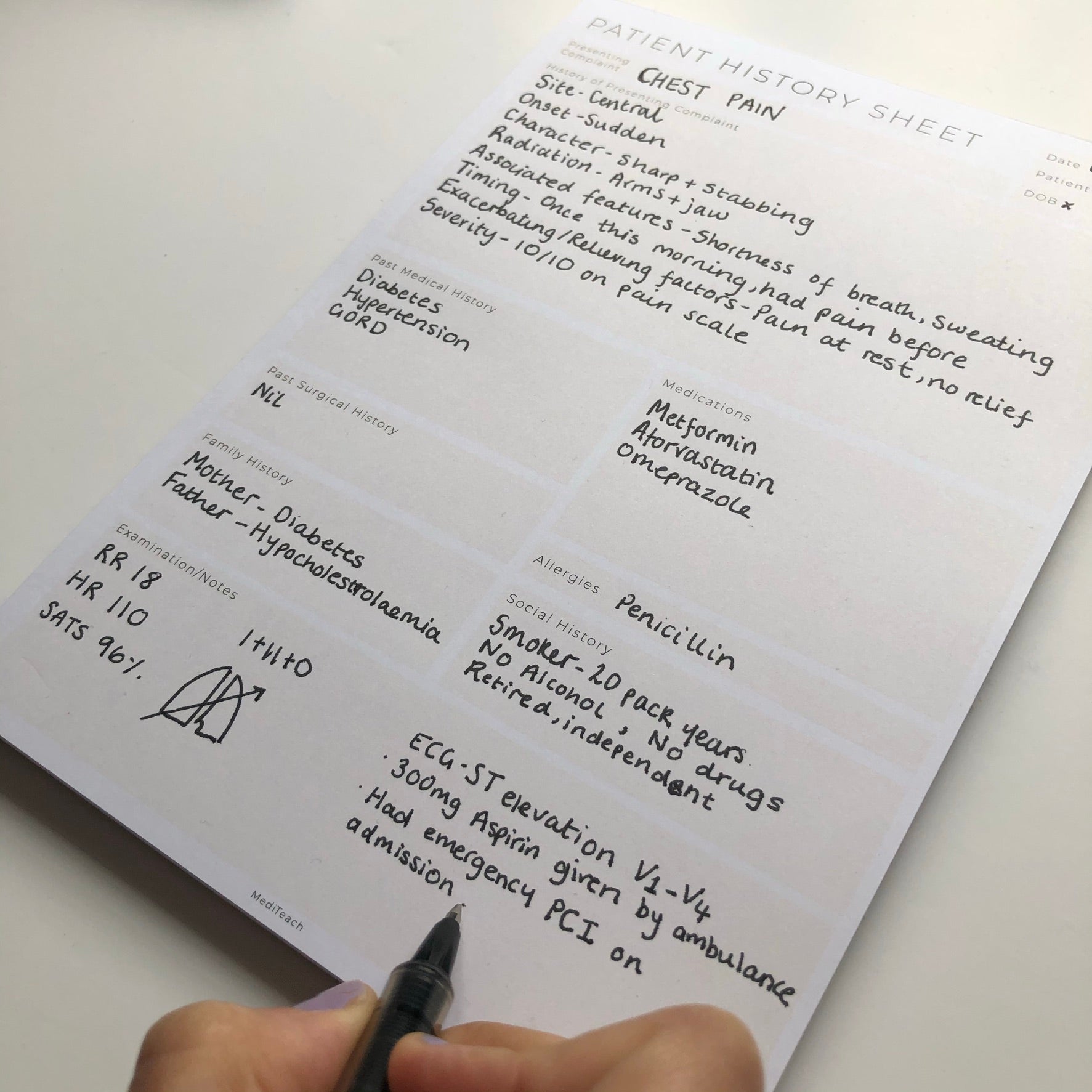 Close up of medical notes on a clinical history taking notepad for healthcare students