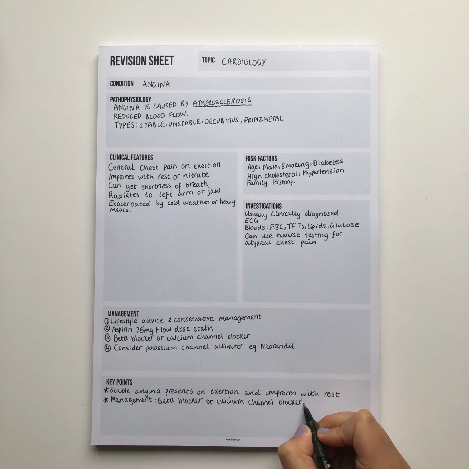 A4 Clinical revision notepad with medical notes written on 100gsm paper.
