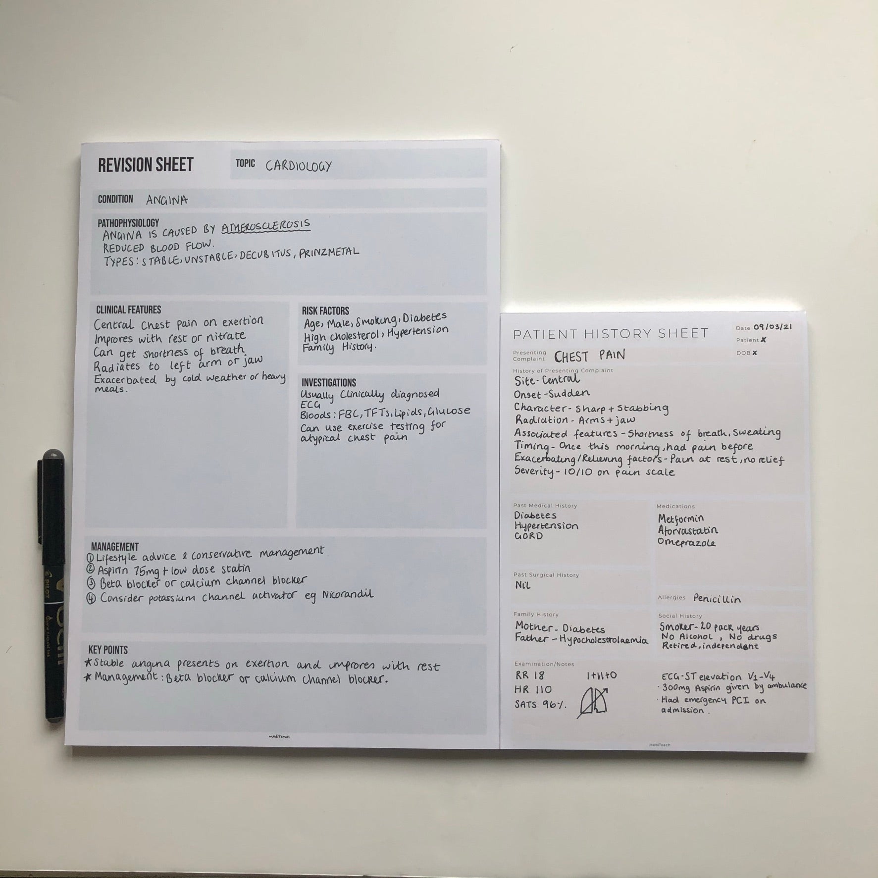Medical student revision notepads at desk.