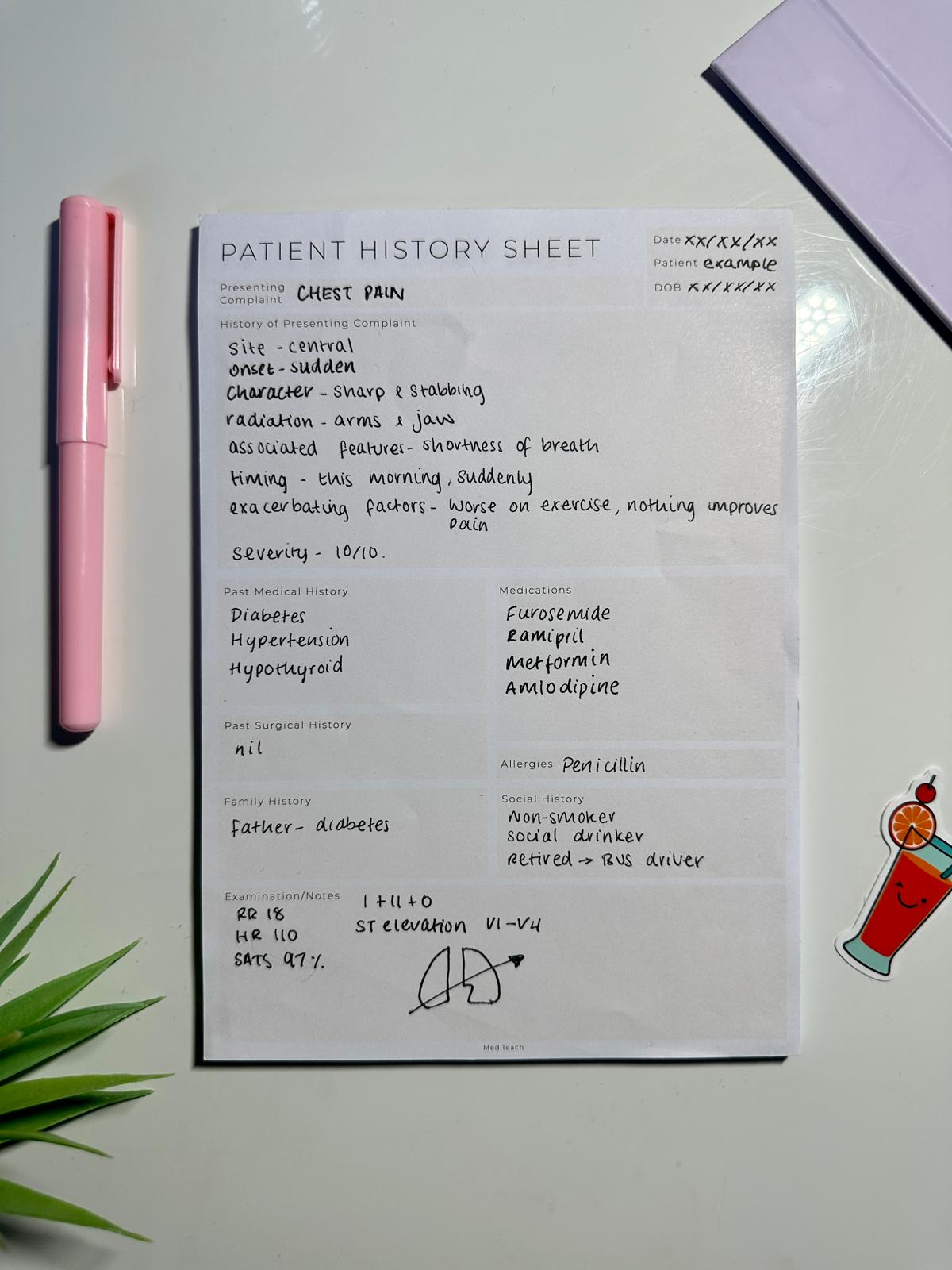 A5 Patient history sheet with medical notes written on 100gsm paper.