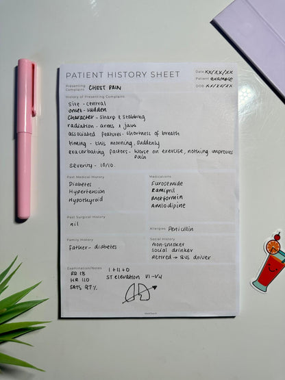 A5 Patient history sheet with medical notes written on 100gsm paper.